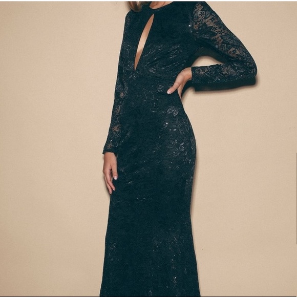 Lulus Black Sequin and Lace Long Sleeve Backless Maxi Dress - Picture 4 of 6